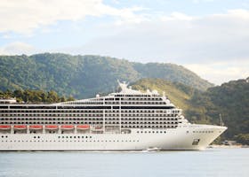 A majestic cruise ship sails through tranquil waters with lush hills in the background, perfect for travel enthusiasts.